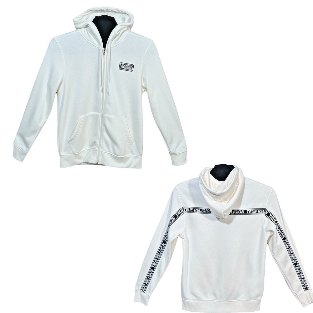 True Religion Mens Full Zip Hoodie Size XL Winter White Branded Tape Across Back